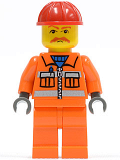 LEGO trn129a Orange Vest with Safety Stripes - Orange Legs, Red Construction Helmet, Brown Moustache, Dark Bluish Gray Hands