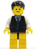LEGO twn104 Black Vest with Blue Striped Tie, Black Hips and Yellow Legs, Black Short Tousled Hair
